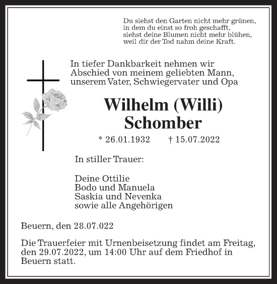 Traueranzeige von Wilhelm Schomber von Giessener Allgemeine, Alsfelder Allgemeine