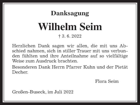 Traueranzeige von Wilhelm Seim von Giessener Allgemeine, Alsfelder Allgemeine, Giessener Anzeiger
