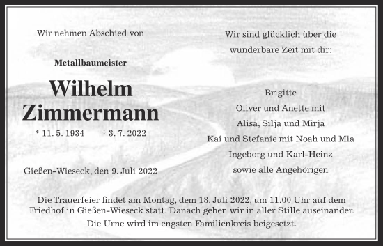 Traueranzeige von Wilhelm Zimmermann von Giessener Anzeiger, Giessener Allgemeine, Alsfelder Allgemeine