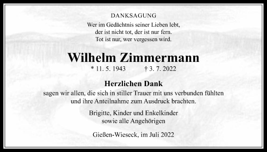 Traueranzeige von Wilhelm Zimmermann von Giessener Allgemeine, Alsfelder Allgemeine, Giessener Anzeiger