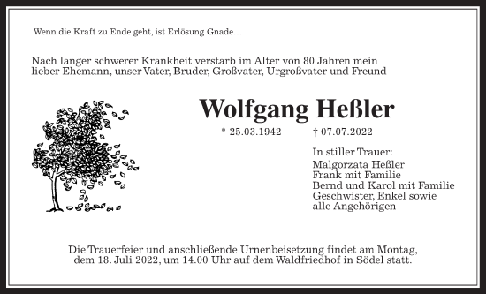 Traueranzeige von Wolfgang Heßler von Wetterauer Zeitung