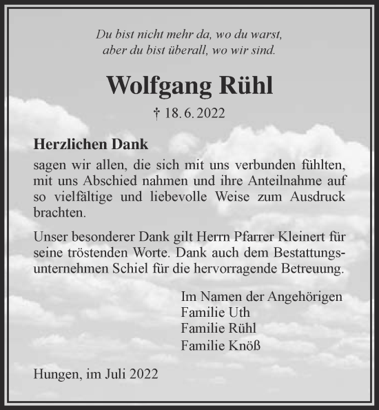 Traueranzeige von Wolfgang Rühl von Licher Wochenblatt