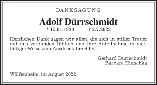 Traueranzeige von Adolf Dürrschmidt von Wetterauer Zeitung