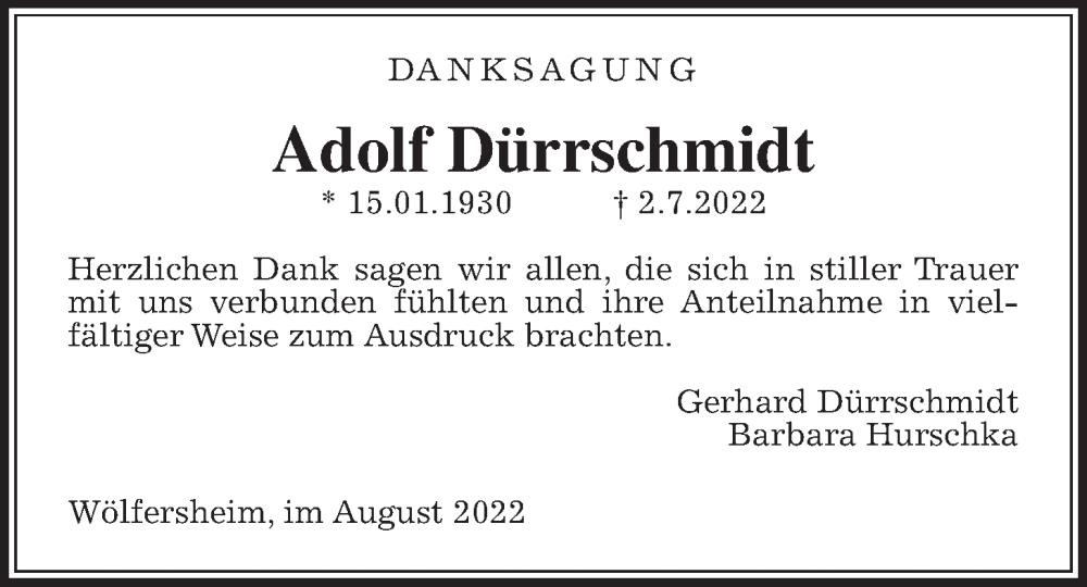  Traueranzeige für Adolf Dürrschmidt vom 06.08.2022 aus Wetterauer Zeitung