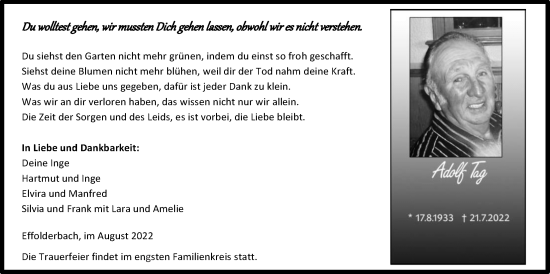 Traueranzeige von Adolf Tag von Kreis-Anzeiger