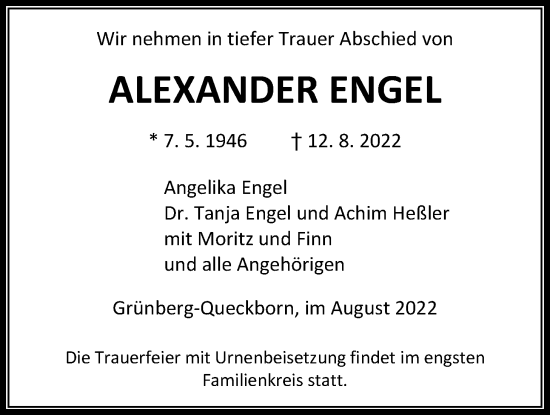 Traueranzeige von Alexander Engel von Giessener Allgemeine, Alsfelder Allgemeine