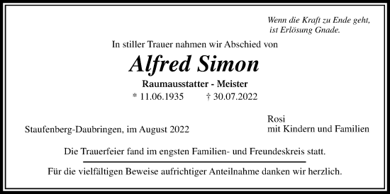 Traueranzeige von Alfred Simon von Giessener Allgemeine, Alsfelder Allgemeine, Giessener Anzeiger