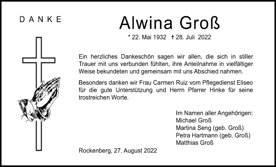 Traueranzeige von Alwina Groß von Wetterauer Zeitung