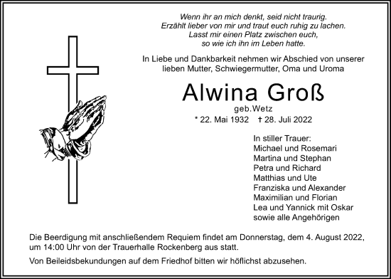 Traueranzeige von Alwina Groß von Wetterauer Zeitung