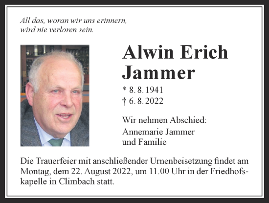 Traueranzeige von Alwin Erich Jammer von Giessener Allgemeine, Alsfelder Allgemeine, Alsfelder Allgemeine, Giessener Allgemeine, Allendorfer Mitteilungen