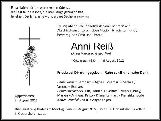 Traueranzeige von Anna Margarethe Reiß von Wetterauer Zeitung
