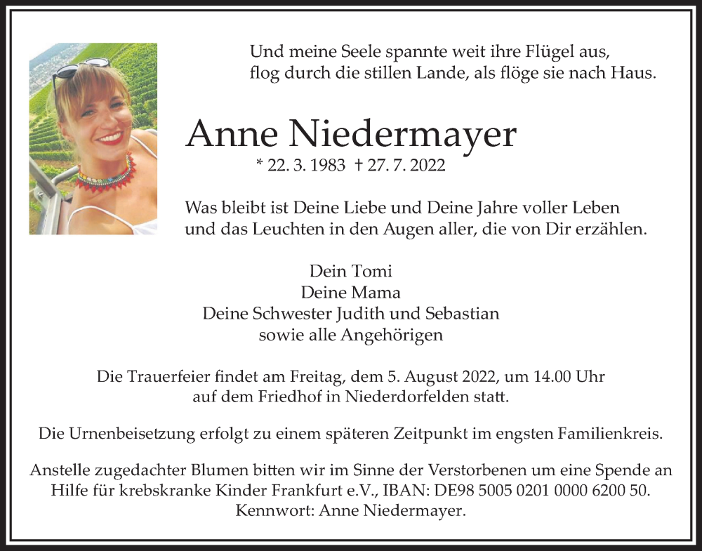  Traueranzeige für Anne Niedermayer vom 04.08.2022 aus Bad Vilbel/Karben
