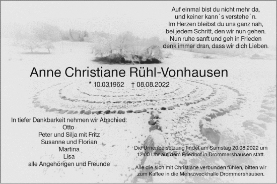 Traueranzeige von Anne Christiane Rühl-Vonhausen von Usinger Anzeiger