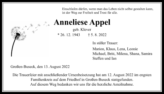 Traueranzeige von Anneliese Appel von Giessener Allgemeine, Alsfelder Allgemeine