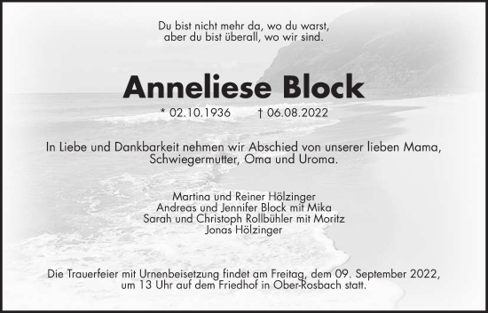 Traueranzeige von Anneliese Block von Wetterauer Zeitung
