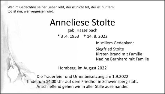 Traueranzeige von Anneliese Stolte von Alsfelder Allgemeine