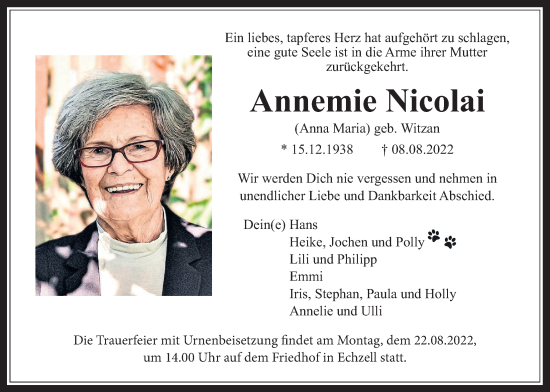 Traueranzeige von Annemie Nicolai von Wetterauer Zeitung