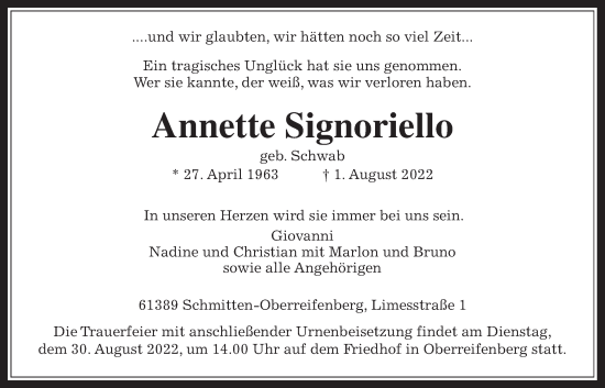 Traueranzeige von Annette Signoriello von Usinger Anzeiger