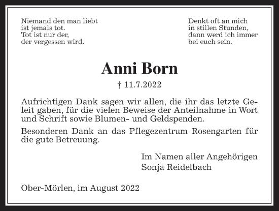 Traueranzeige von Anni Born von Wetterauer Zeitung