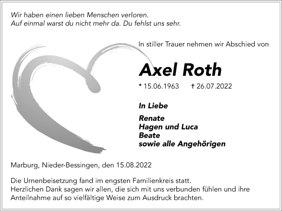 Traueranzeige von Axel Roth von Giessener Anzeiger