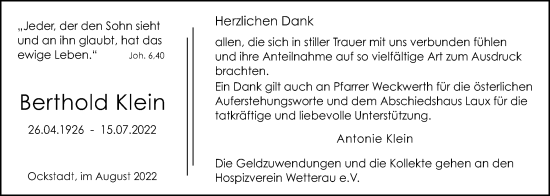 Traueranzeige von Berthold Klein von Wetterauer Zeitung