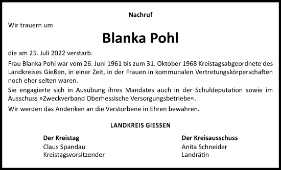 Traueranzeige von Blanka Pohl von Pohlheimer Nachrichten