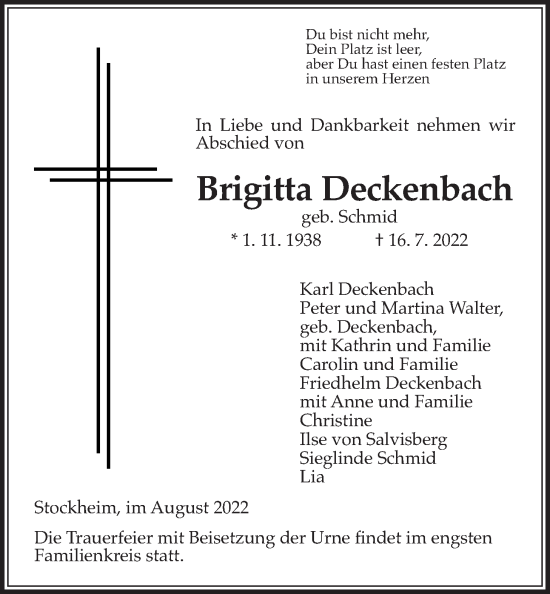 Traueranzeige von Brigitta Deckenbach von Kreis-Anzeiger
