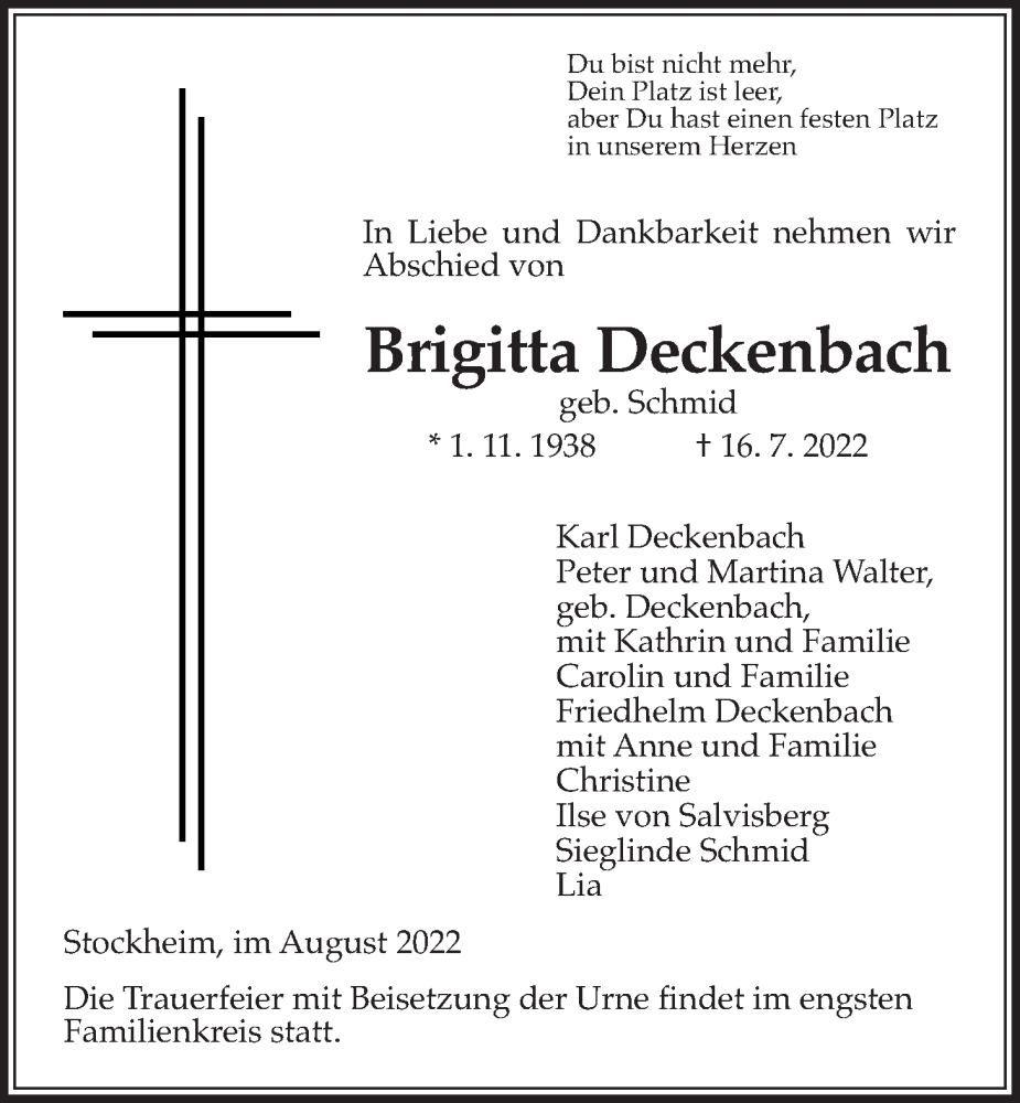  Traueranzeige für Brigitta Deckenbach vom 06.08.2022 aus Kreis-Anzeiger