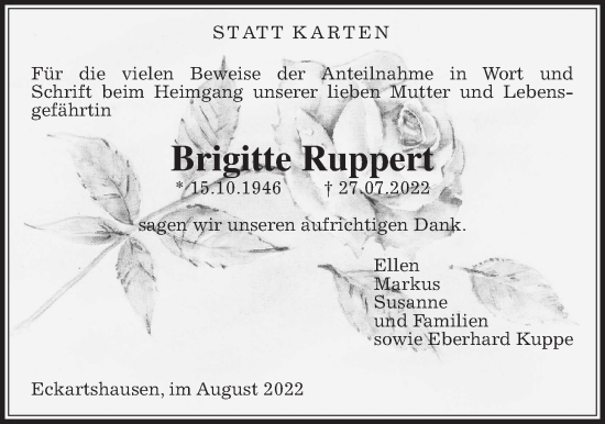 Traueranzeige von Brigitte Ruppert von Kreis-Anzeiger