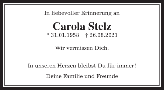 Traueranzeige von Carola Stelz von Wetterauer Zeitung