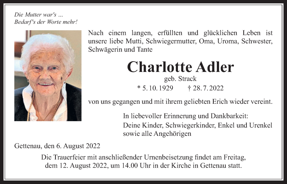  Traueranzeige für Charlotte Adler vom 06.08.2022 aus Wetterauer Zeitung