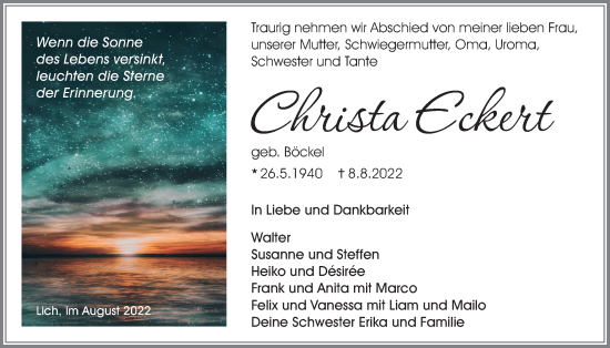 Traueranzeige von Christa Eckert von Licher Wochenblatt