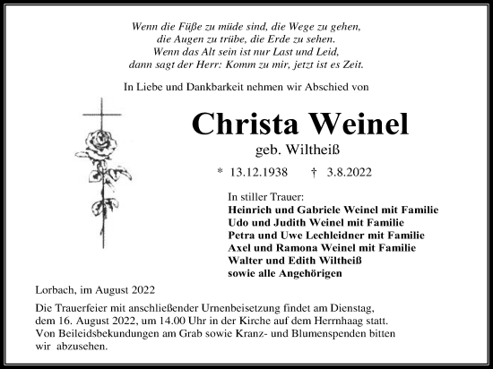 Traueranzeige von Christa Weinel von Kreis-Anzeiger