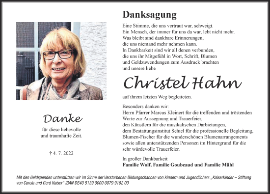 Traueranzeige von Christel Hahn von Wetterauer Zeitung, Giessener Anzeiger, Giessener Allgemeine, Alsfelder Allgemeine