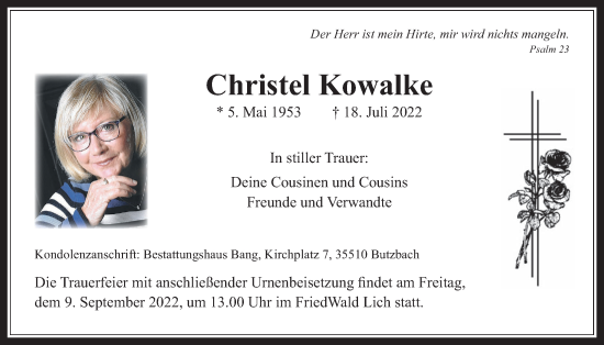 Traueranzeige von Christel Kowalke von Pohlheimer Nachrichten, Giessener Allgemeine, Alsfelder Allgemeine