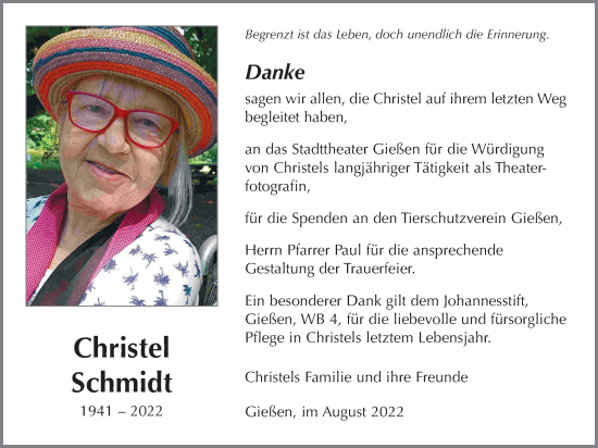Traueranzeige von Christel Schmidt von Giessener Anzeiger, Giessener Allgemeine, Alsfelder Allgemeine
