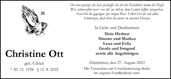 Traueranzeige von Christine Ott von Kreis-Anzeiger