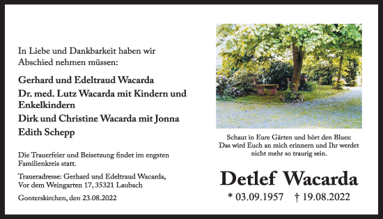 Traueranzeige von Detlef Wacarda von Giessener Allgemeine, Alsfelder Allgemeine, Laubacher Anzeiger