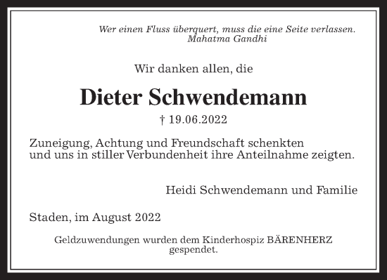 Traueranzeige von Dieter Schwendemann von Wetterauer Zeitung
