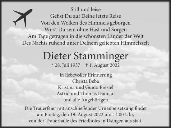 Traueranzeige von Dieter Stamminger von Usinger Anzeiger