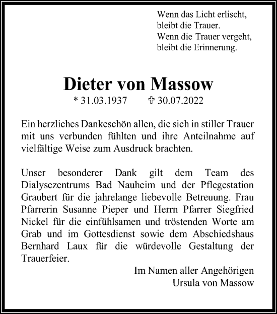 Traueranzeige von Dieter von Massow von Wetterauer Zeitung