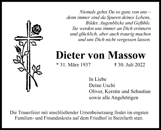 Traueranzeige von Dieter von Massow von Wetterauer Zeitung