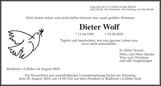 Traueranzeige von Dieter Wolf von Wetterauer Zeitung