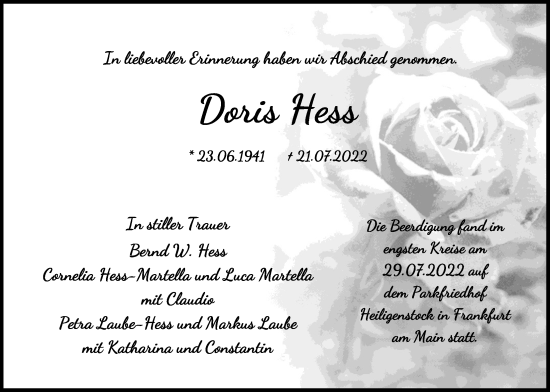 Traueranzeige von Doris Hess von Bad Vilbel/Karben