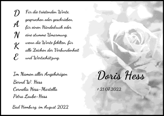 Traueranzeige von Doris Hess von Bad Vilbel/Karben