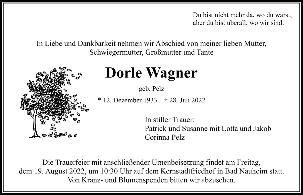  Traueranzeige für Dorle Wagner vom 06.08.2022 aus Wetterauer Zeitung