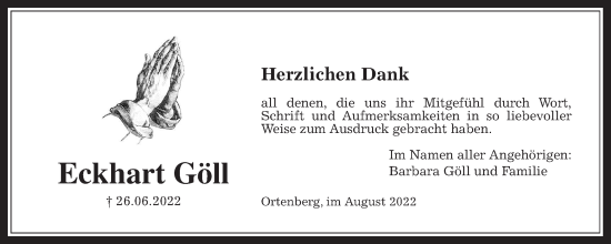 Traueranzeige von Eckhart Göll von Kreis-Anzeiger