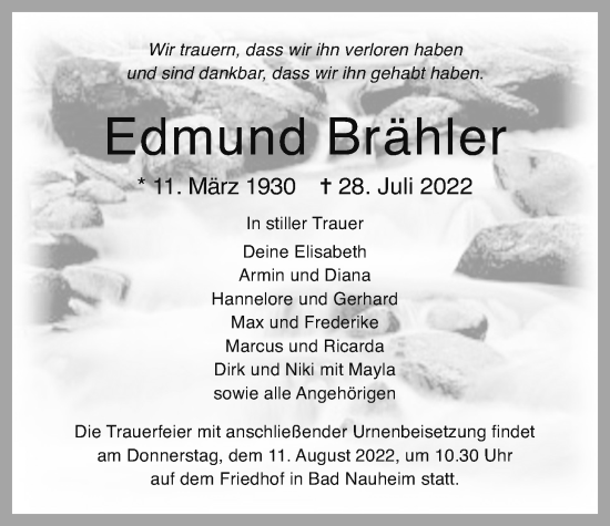 Traueranzeige von Edmund Brähler von Wetterauer Zeitung