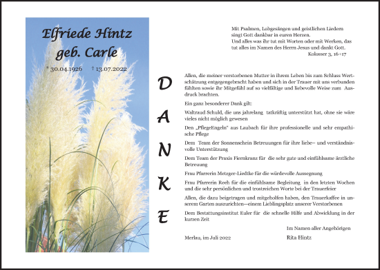 Traueranzeige von Elfriede Hintz von Mücker Stimme, Giessener Allgemeine, Alsfelder Allgemeine