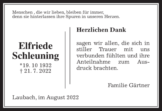 Traueranzeige von Elfriede Schleuning von Laubacher Anzeiger